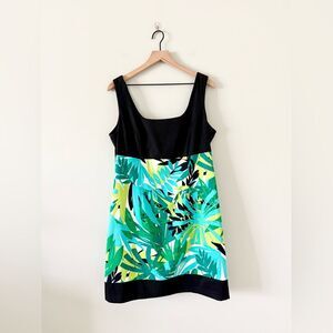 AGB Dress Tank A-Line Dress in Black and Green Multi Leaf Print - Size 16